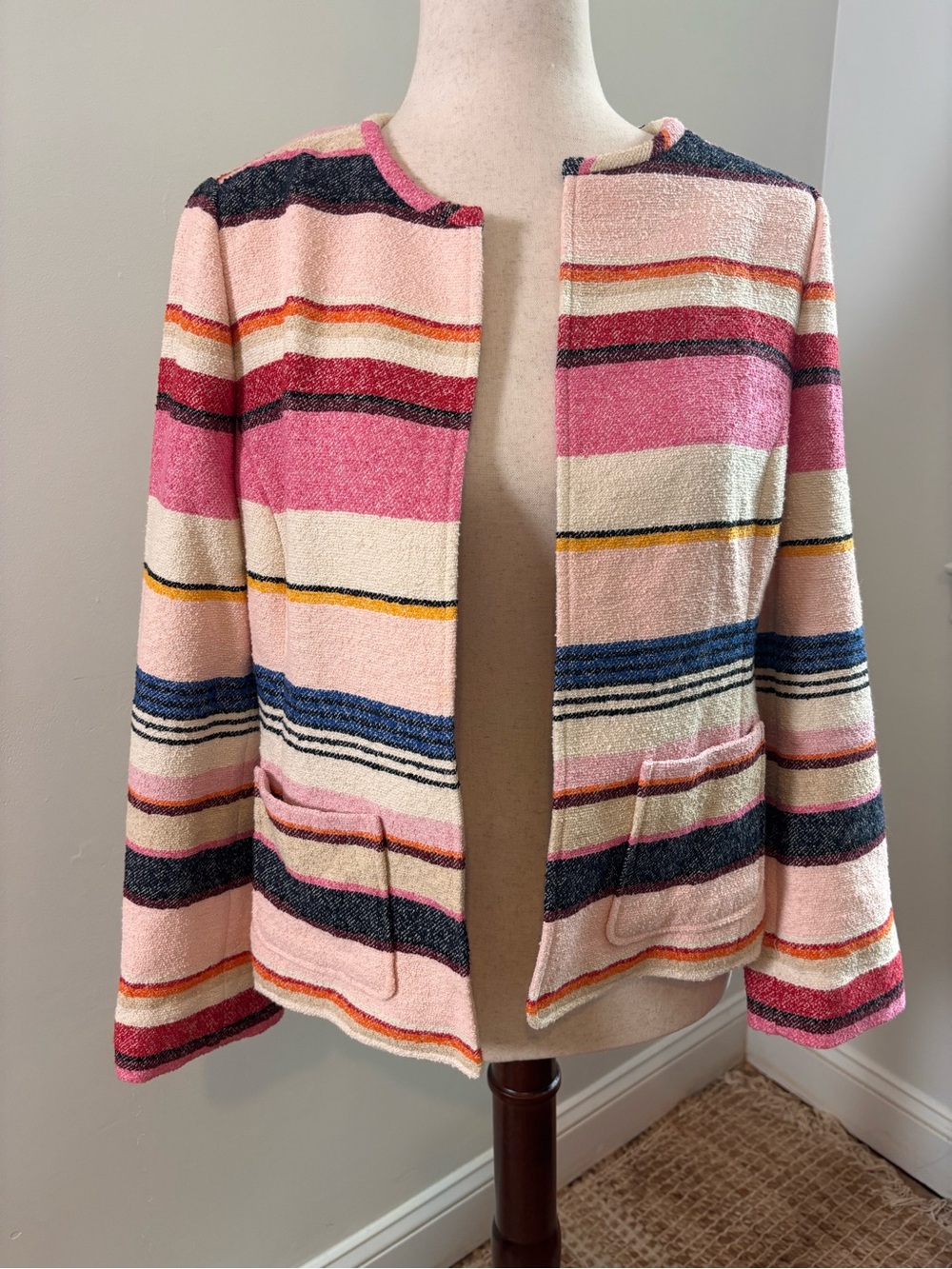 Kate Spade Textured Stripe Tweed Jacket Pink Blue Open Front Blazer Size 10